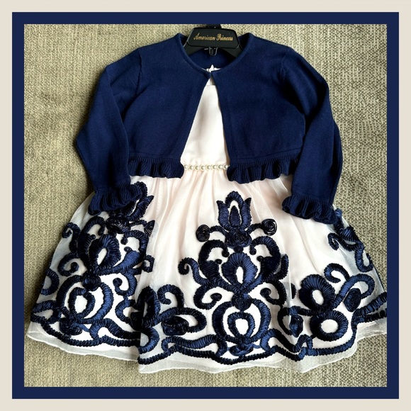 American Princess Other - AMERICAN PRINCESS PINK/NAVY EASTER PARTY DRESS W/NAVY SWEATER SHRUG Sz 2T